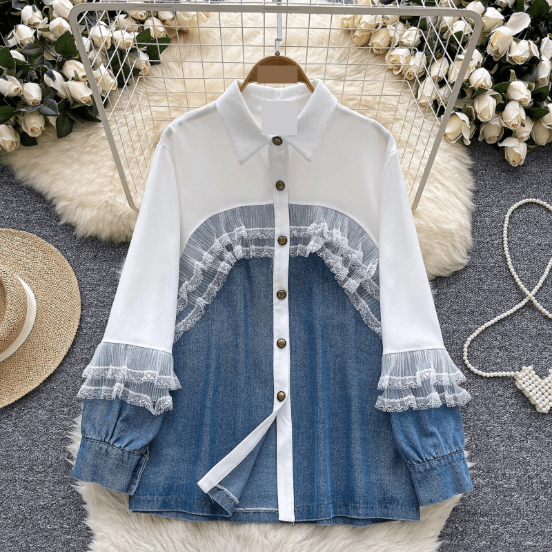 Women's Clothing Stylish Lace-Trimmed Denim Shirt For Women - Oversized Long Sleeve Button-Down Top With Color Blocking & Embellishments (One Size)