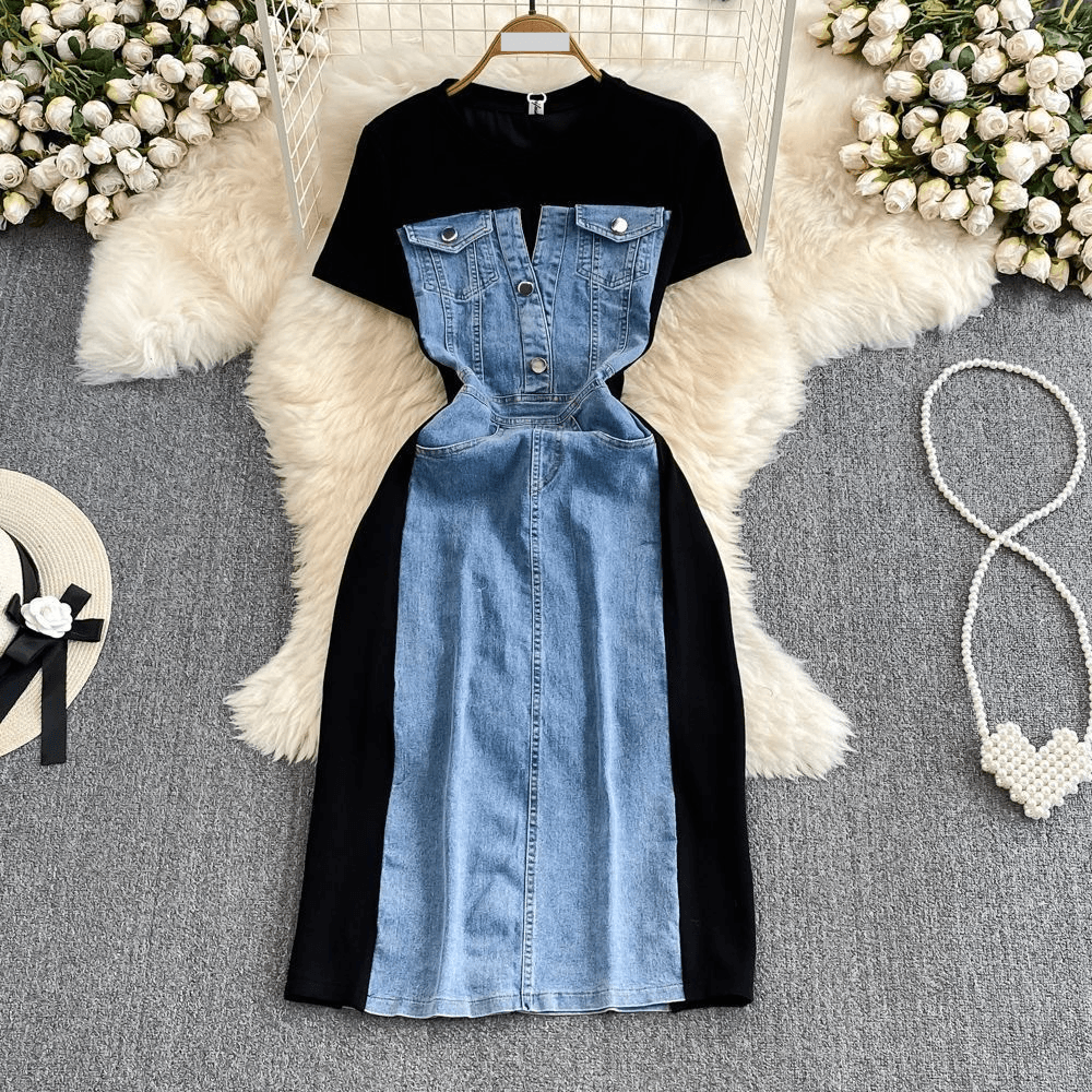 Women's Clothing ladylike temperament short-sleeved round neck waist slimming denim splicing a-line dress casual T-shirt skirt