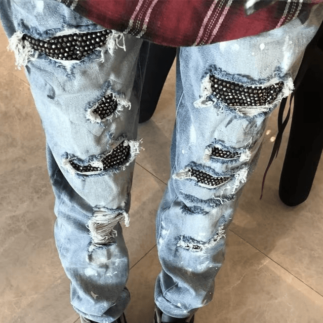 Men's Clothing White Diamond Splash Blue Cow Jeans Washed Distressed Ripped Trousers High Street Diamond Stretch Jeans