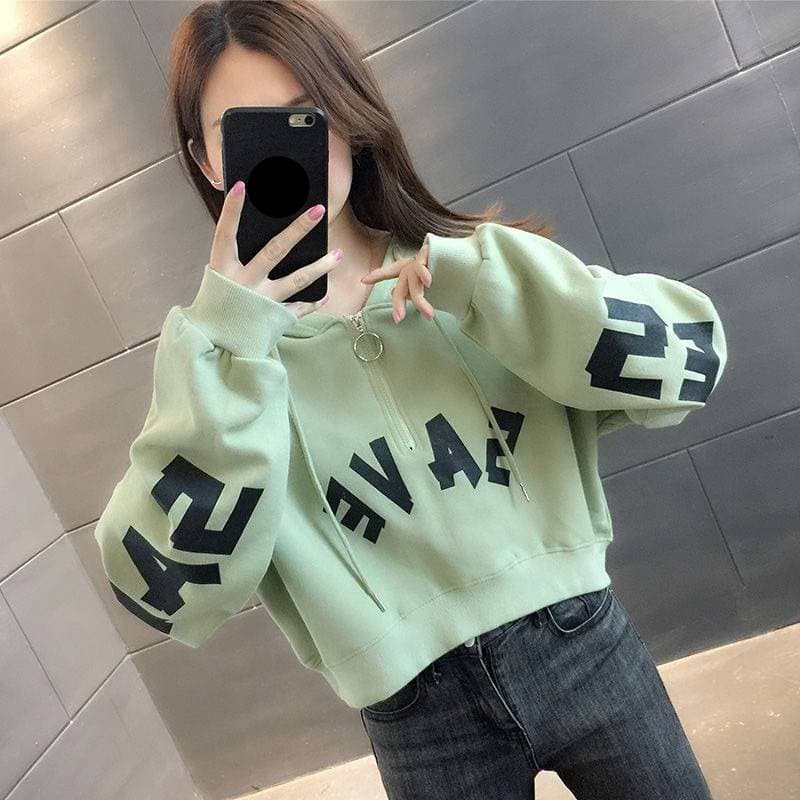 Women's Clothing Half Zip Hooded Cropped Short Sweatshirt For Petite Women, New Early Autumn Style, Thin, High Waisted, Trendy And Stylish.