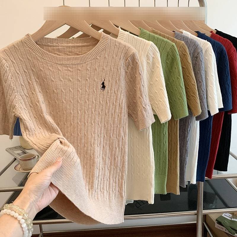 Women's Soft Cable Knit Top Short Sleeve Embroidered Pony Design Breathable Cotton Yarn Retro Versatile Spring Summer T-Shirt
