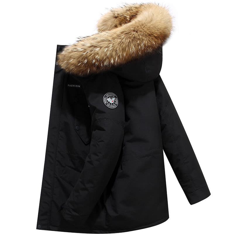 Coat jacket men's mid-length new thickened winter trendy Korean style real fur collar jacket wholesale