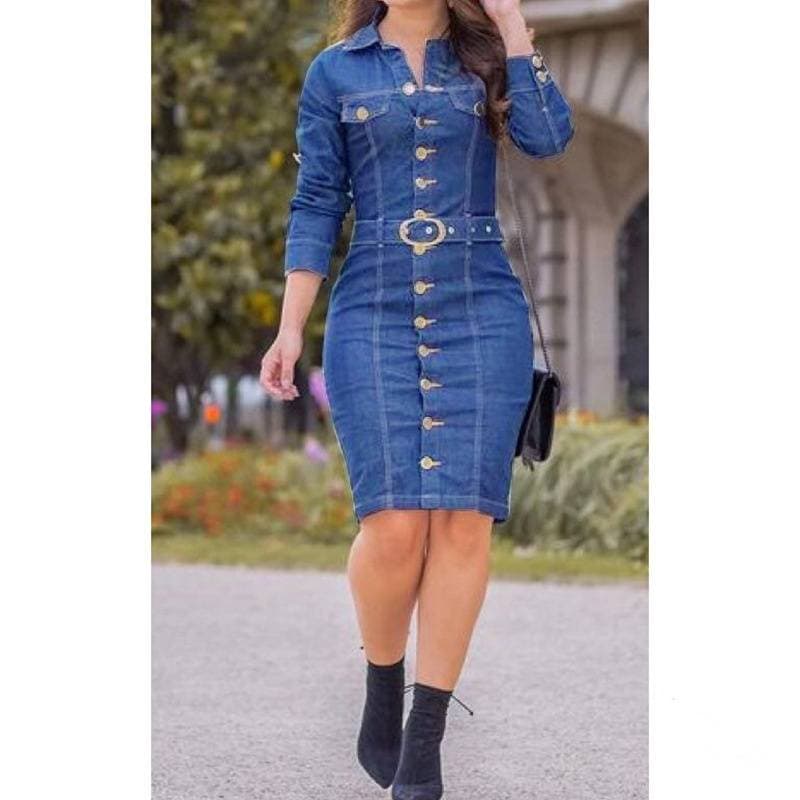 Women's Clothing Style Sexy Fashion Multi Button Decoration Lapel Single Breasted Long Slim Long Sleeved Denim Goddess Dress