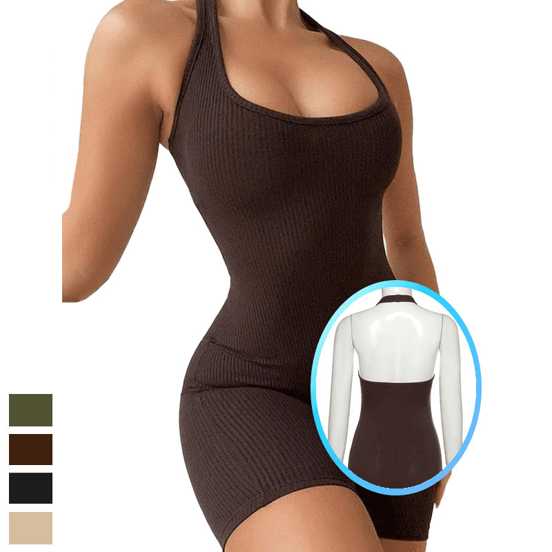Women's Clothing Fashion Summer Women's Clothing Solid Color Hollow Halter Neck Sexy Slim Backless One Piece Sports Shorts