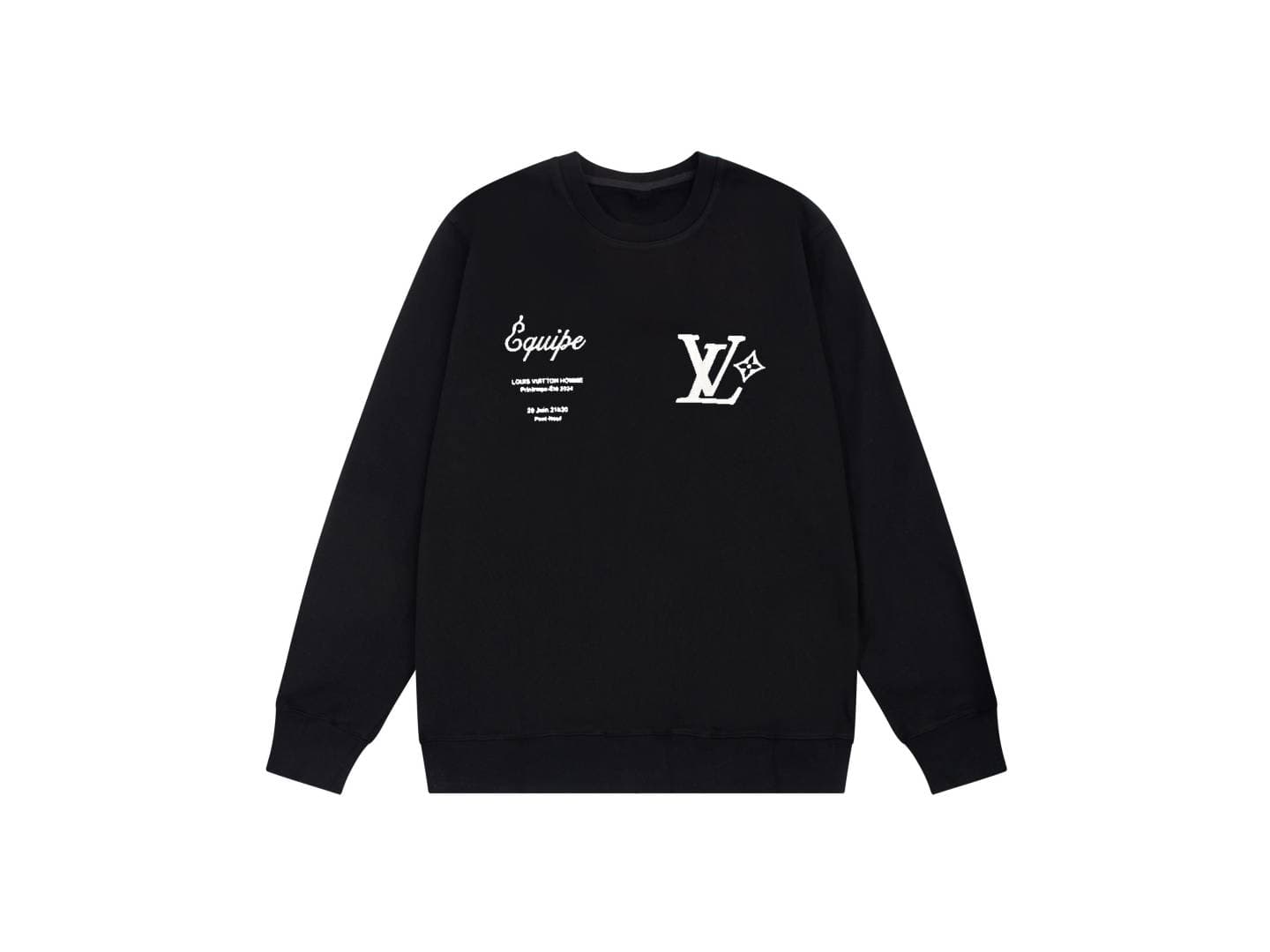 Sweat-shirt unisexe LV à col rond, double imprimé graphique sur le devant : lettres cursives EQUIPE et logo étoile LV. Pull à manches longues, st