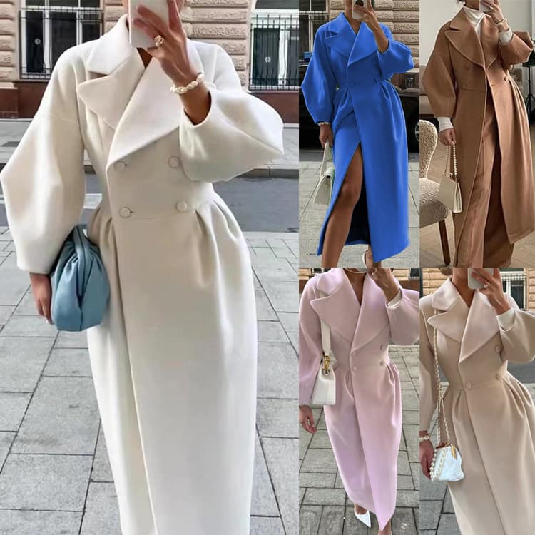 Women's woolen coat intellectual wind pocket lapel winter new solid color lantern sleeve female coat