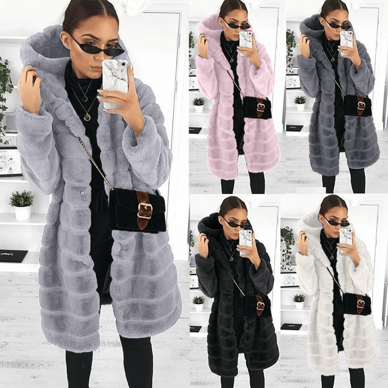 Women's Autumn and Winter Solid Colour Plush Hooded Mid-Length Coat