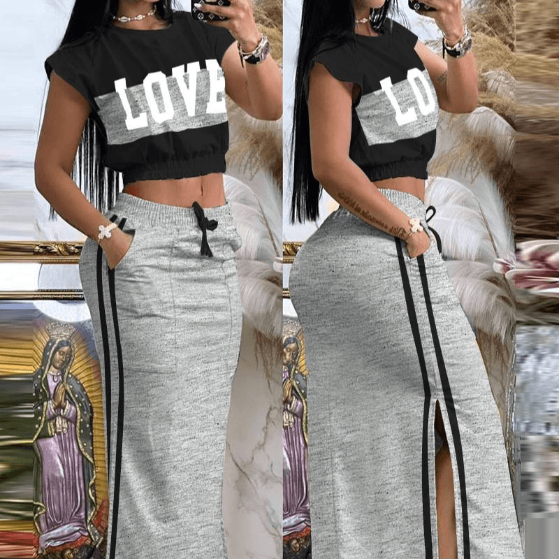 Women's Fashion Printed Top Casual Lace-up Split Half Skirt Suit