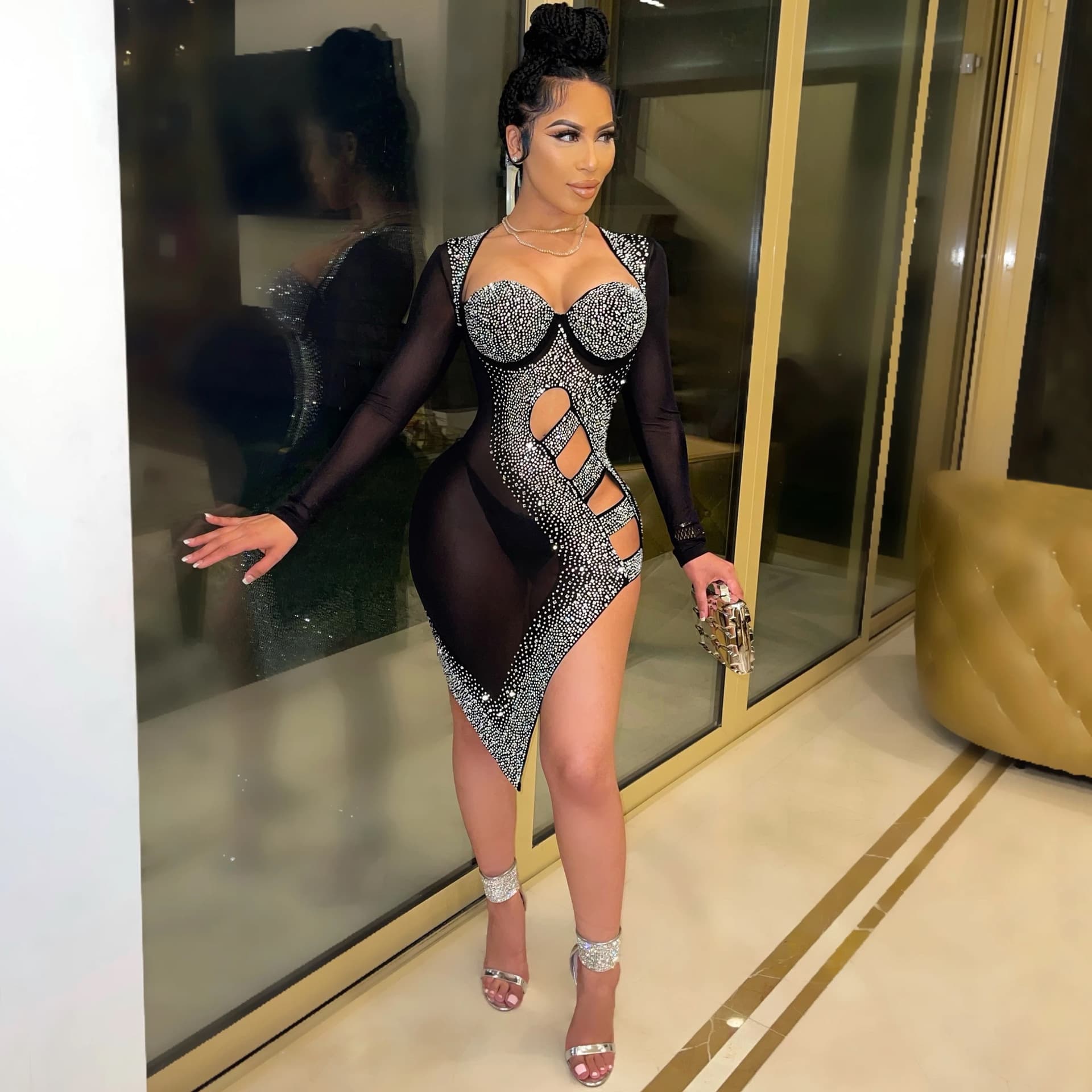 Women's sexy nightclub hollow slit mesh see-through hot diamond dress