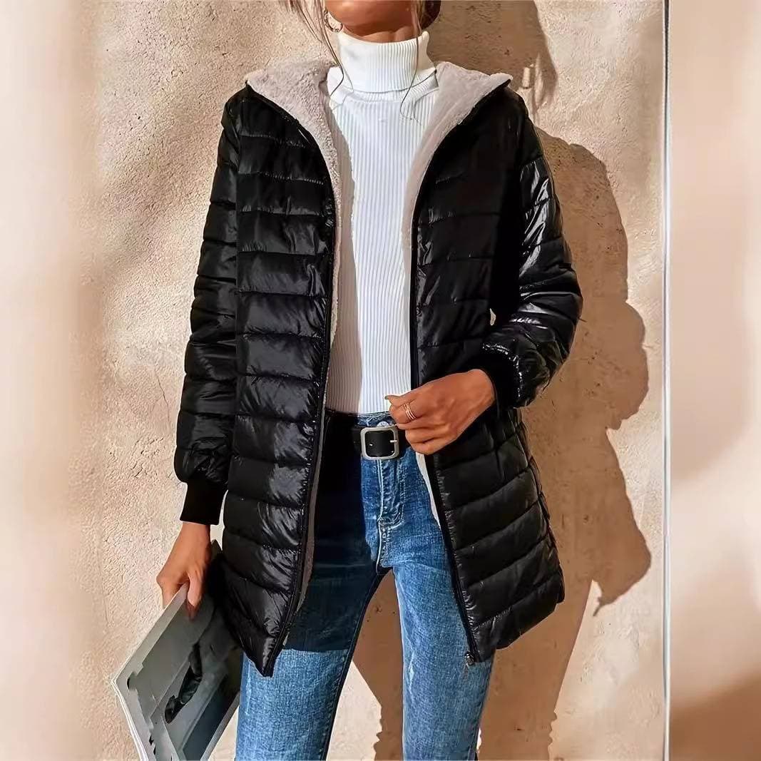 Women's Clothing mid length cotton coat loose hooded plus velvet quilted cotton jacket coat cotton padded jacket