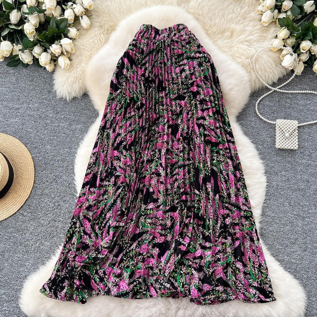 Chiffon Floral Print Midi Skirt for Women 2025 New Style Wide Swing A-Line Pleated Cross Border Flowy Skirt