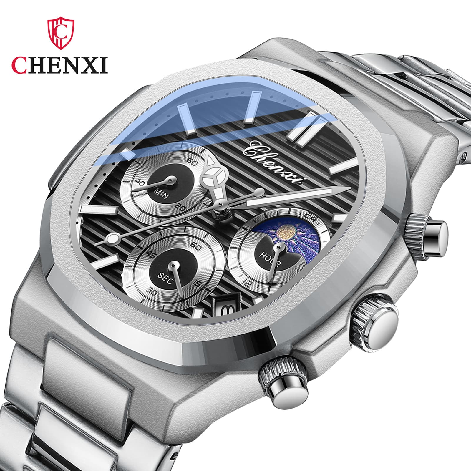 2023 New Hot Selling Watch Dawn Multi Functional True Three Eyes Six Needle Men's Watch Calendar Lunar Phase Timing Octagonal Quartz Watch