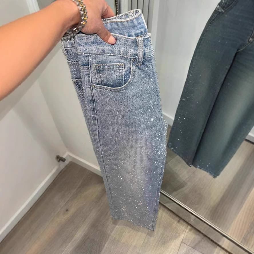 Women's High-waisted Washed Denim Jeans With Sparkling Rhinestones And Diamond Stars, Loose Fit, Slim Fit, Versatile Straight Leg Pants