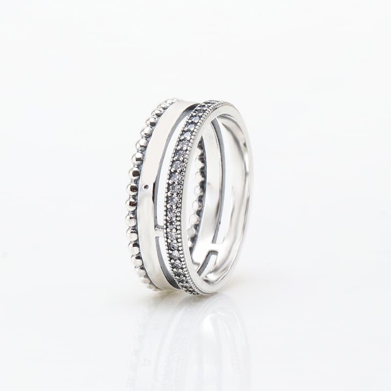 Women's Jewelry Signature Logo Ring With Pavé Stones And Beaded Detailing - Elegant Silver-Toned Statement Piece For Women