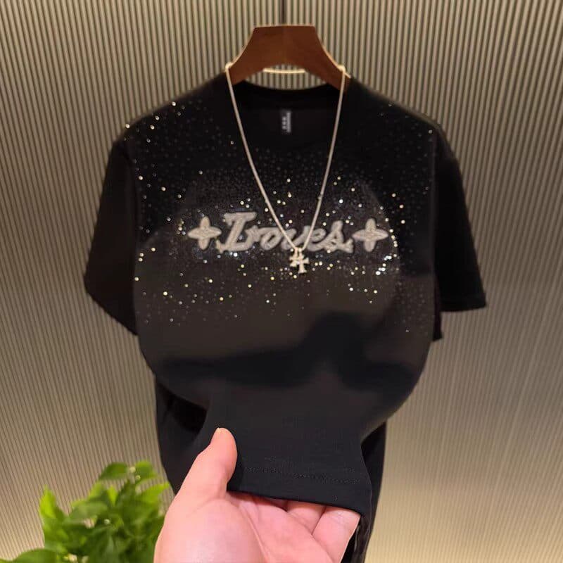 Men's Starry Sky Rhinestone Round Neck Short Sleeve T-Shirt Versatile Letter Print Solid Color Fashion Top