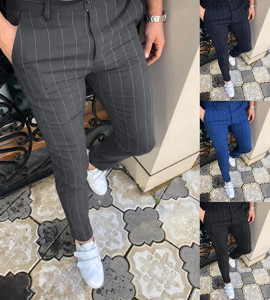 New 2023 Men's Hot Trousers Business Stripe Slim Spring Autumn Waist Small Foot Pencil Pants Street Fashion Men's Trousers