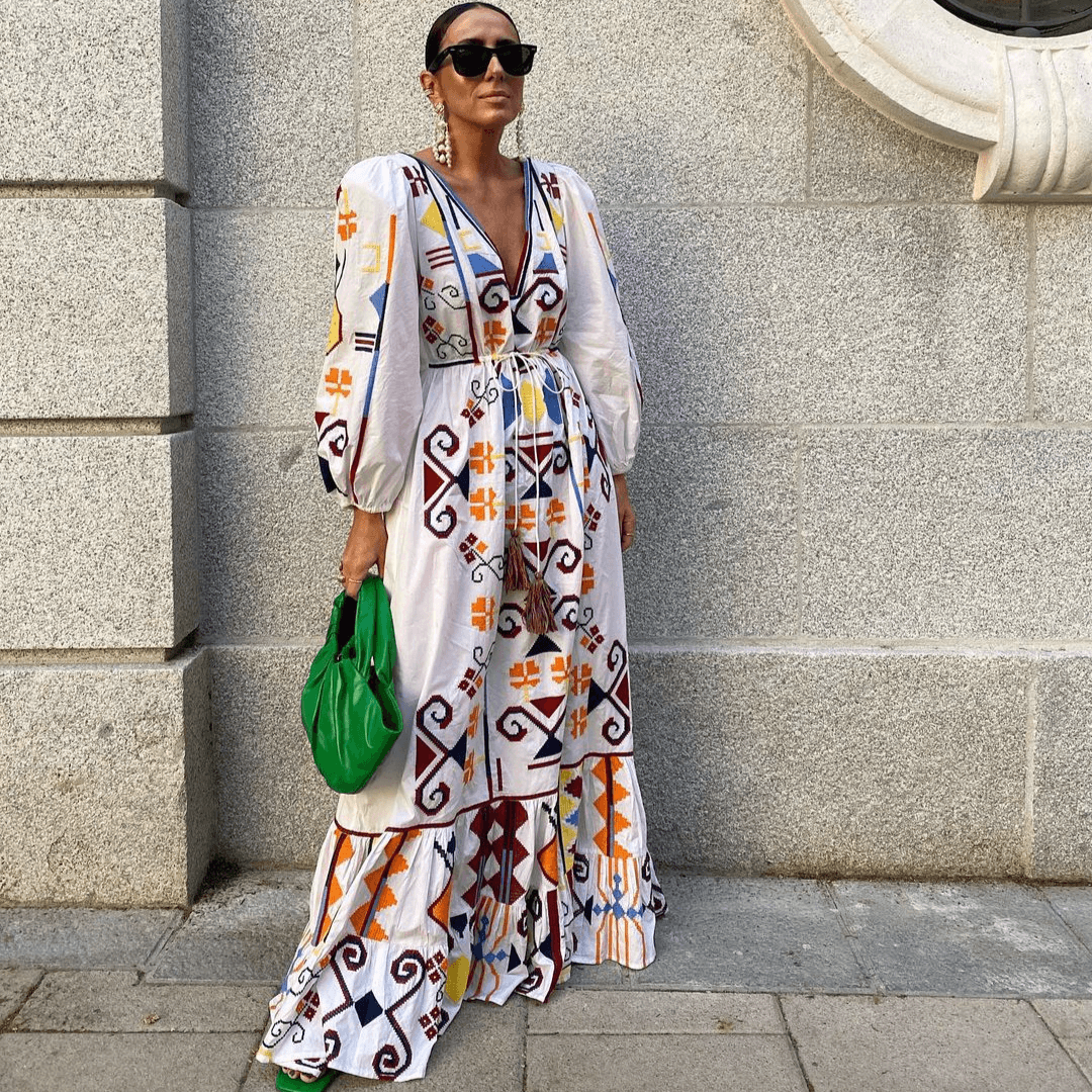 Women's holiday style lantern sleeve printed long skirt floor-length dress