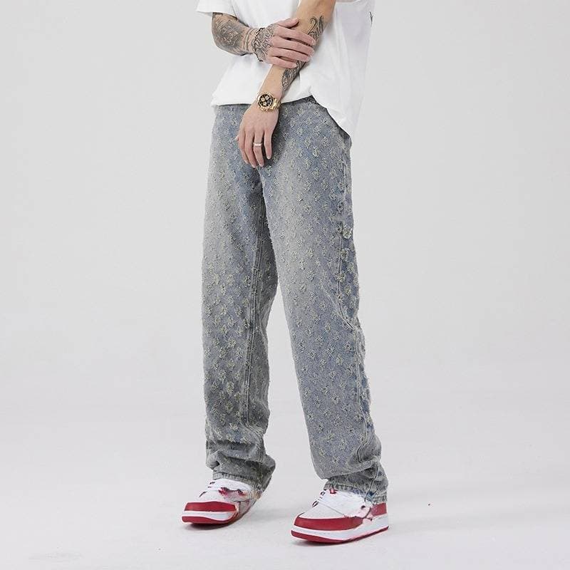 Men's Clothing hiphop pants high street ins trendy brand jacquard full print design jeans men's loose wide leg pants trend