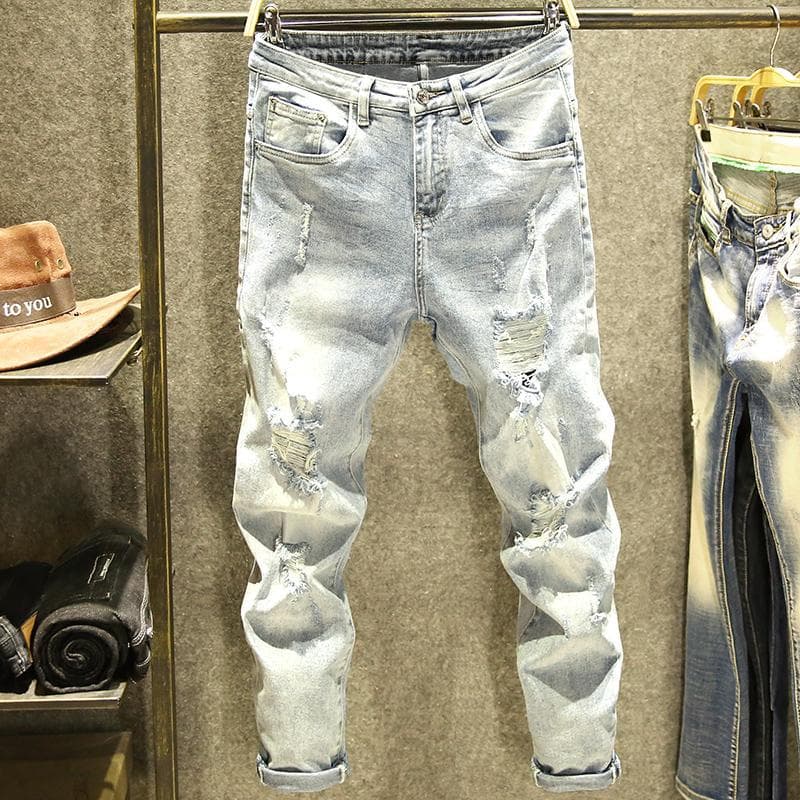 Men's Clothing Thin Distressed Slim Jeans For Men Summer Personality Small Feet Casual Beggar Pants