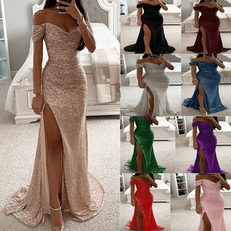 New Party Sequined One Shoulder Slit Dress Casual Fashion Dress For Women