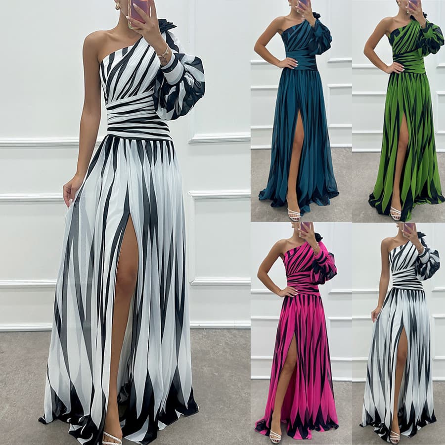 Women's Clothing new printed oblique shoulder slit dress INS casual loose party dress