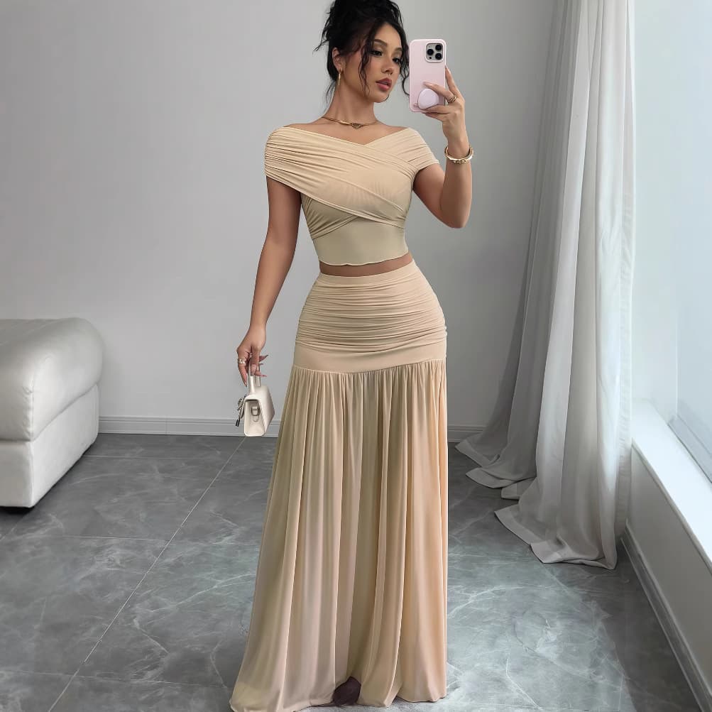 Women's Clothing 2025 Summer New Solid Color Off-Shoulder Top With Waist-Cinching Pleated Patchwork Skirt Two-Piece Set