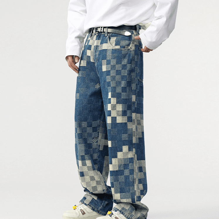 Men's Clothing Jeans For Men, New Style, Checkerboard Pattern, Wide Leg Pants, Street Rocking, Loose And Versatile Casual Pants