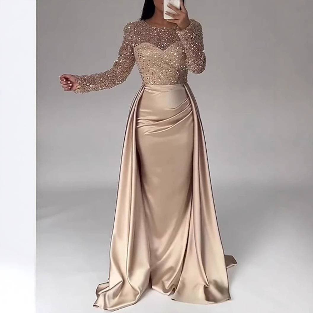 Women's Clothing Women's Banquet Long Sleeved Temperament Socialite Annual Meeting Host Aura Queen Sequined Evening Dress