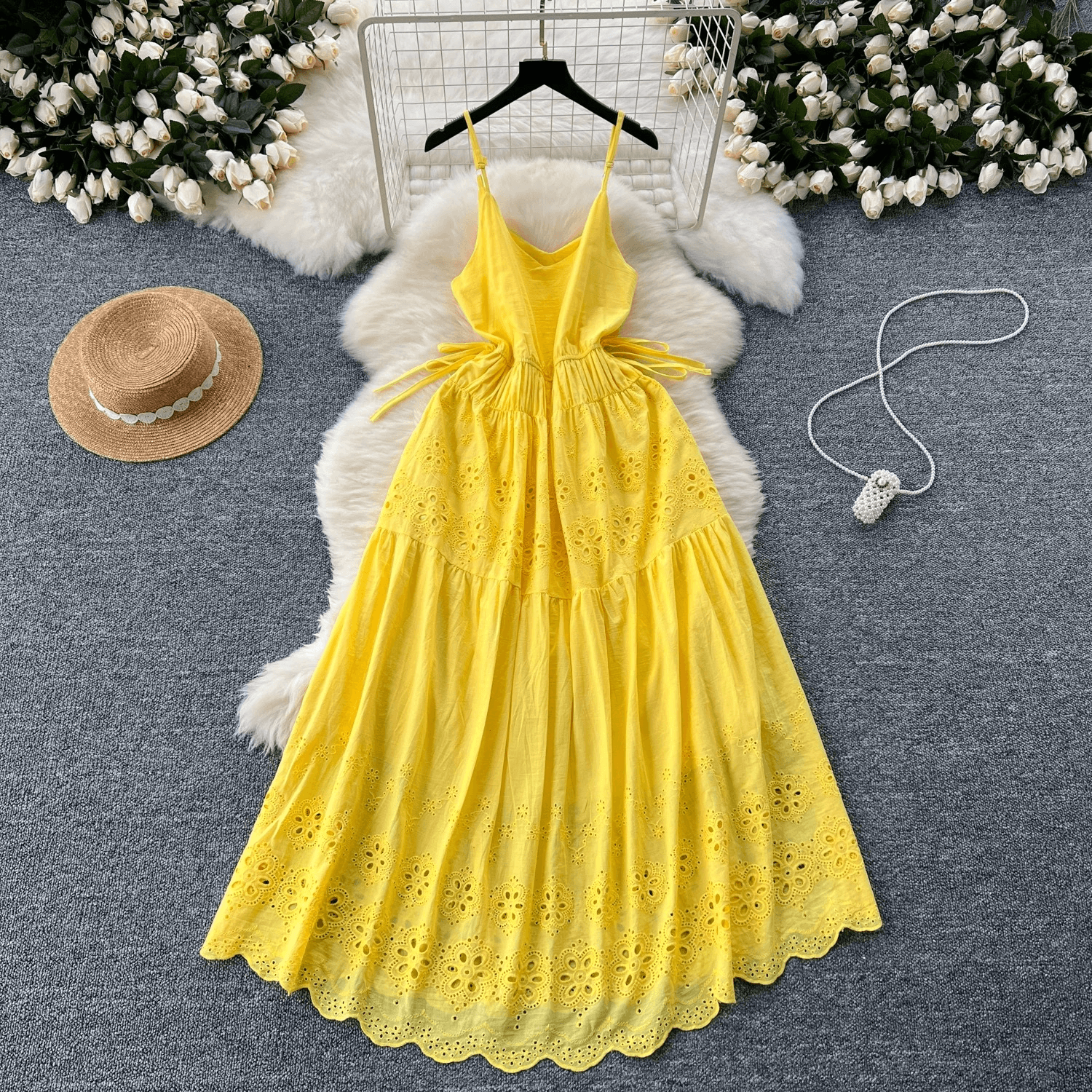 Women's Clothing Suspender Dress Summer Dress Sweet Strap Waist Design Hollow Embroidery Age Reducing Temperament Holiday Dress For Women