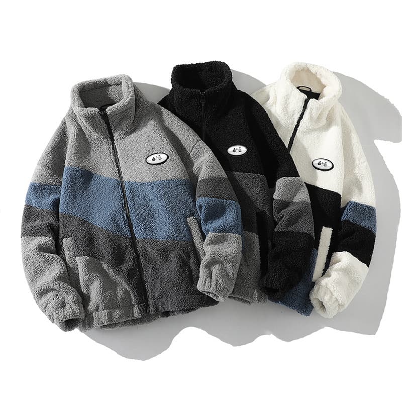 Men's Clothing Fashionable Stand Up Collar Long Sleeved Trendy Stand Collar Long Sleeve Zip-Up Color Block Lambswool Jacket Cozy Winter Outerwear