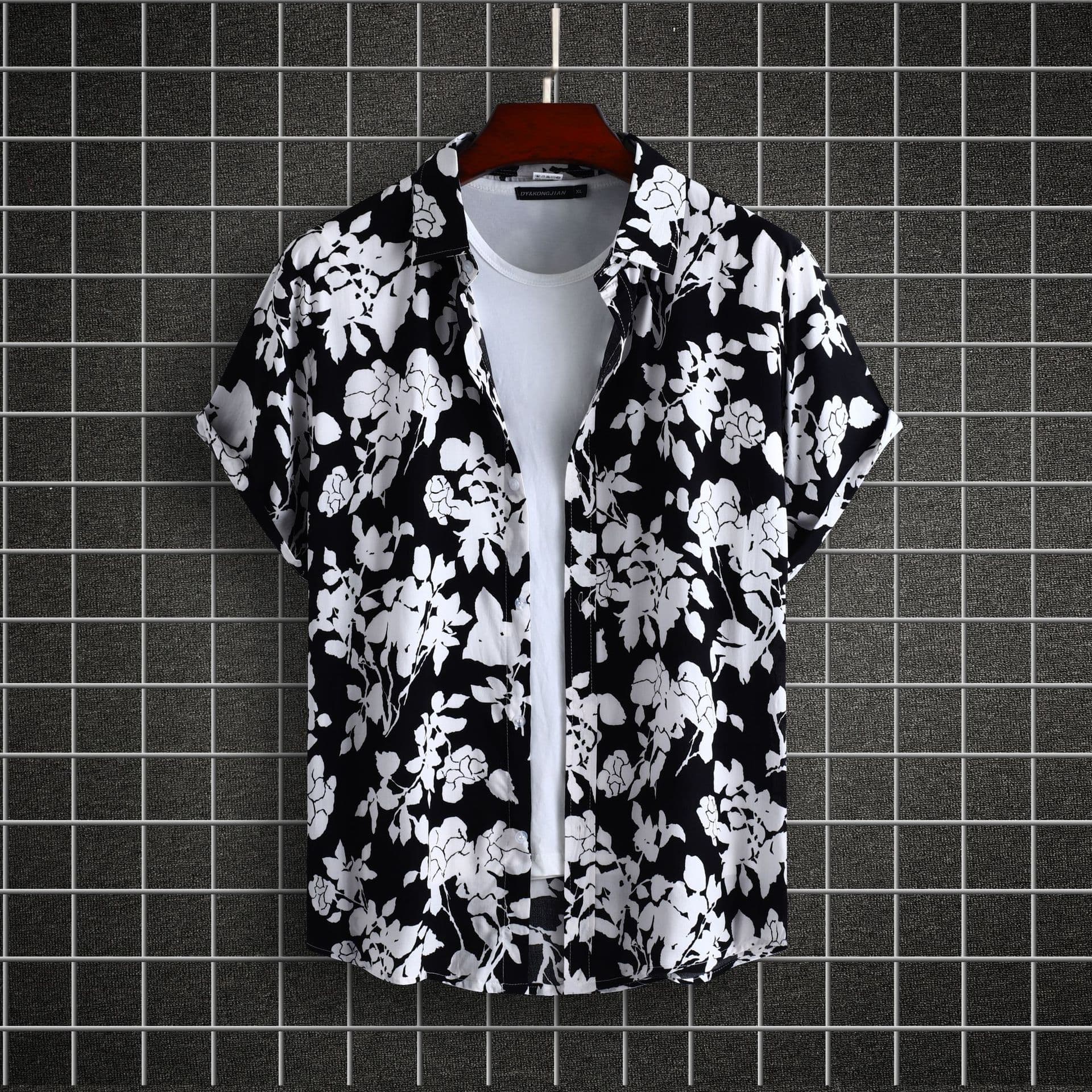 Men's Casual Fashion Floral Print Lapel Short Sleeve Shirt