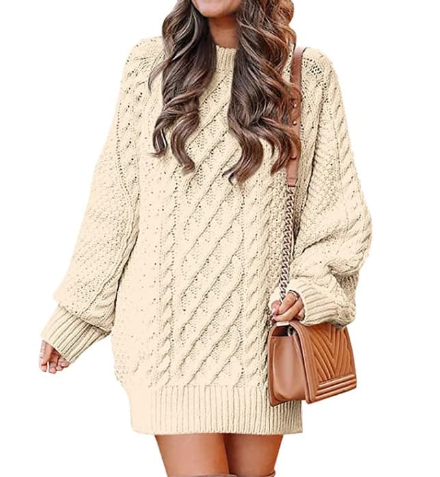Women's Round Neck Long Sleeve Large Profile Twisted Flower Knitted Coarse Needle Pullover Long Warm Sweater Women's Dress