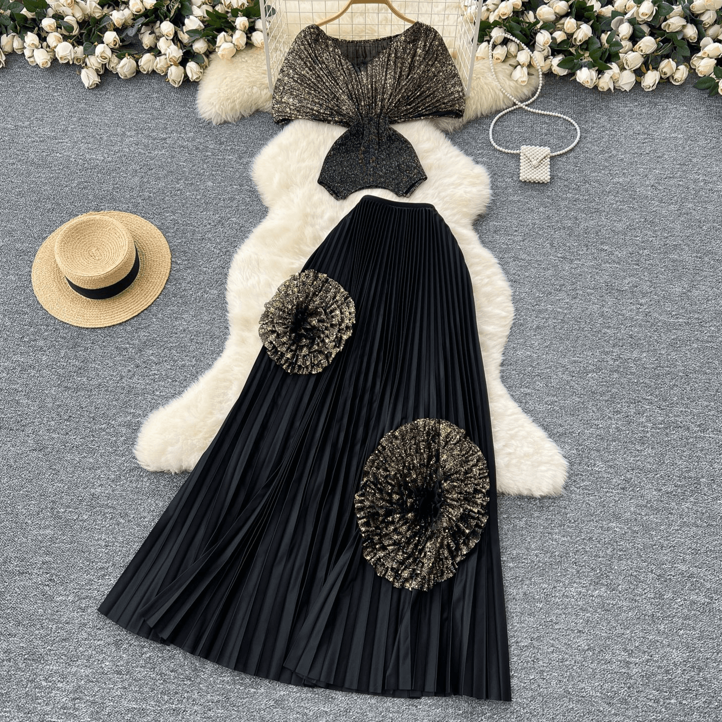Women's Clothing Two Piece Suit For Women With Slim Waist Short Sleeved Pleated Top With Flowers High Waist Pleated Skirt