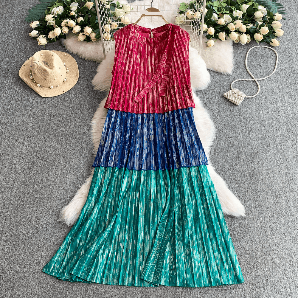 High Grade Hot Stamping Temperament Bow Round Neck Sleeveless Dress Female Summer Contrast Color Loose Slim Pleated Long Skirt