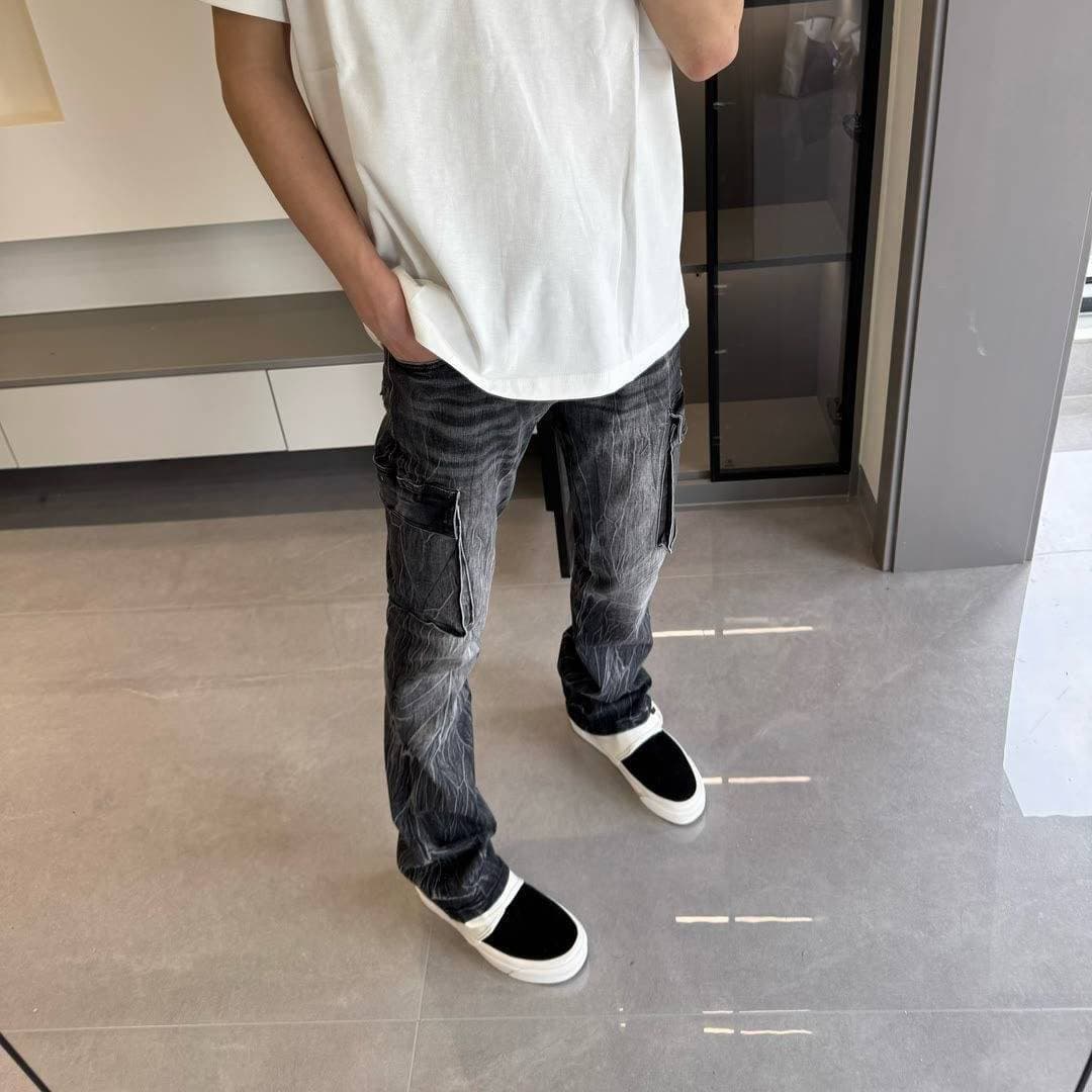 Retro Lightning Wave Men's Cargo Jeans - Edition Distressed Denim Pants With Luxury Workwear Flair