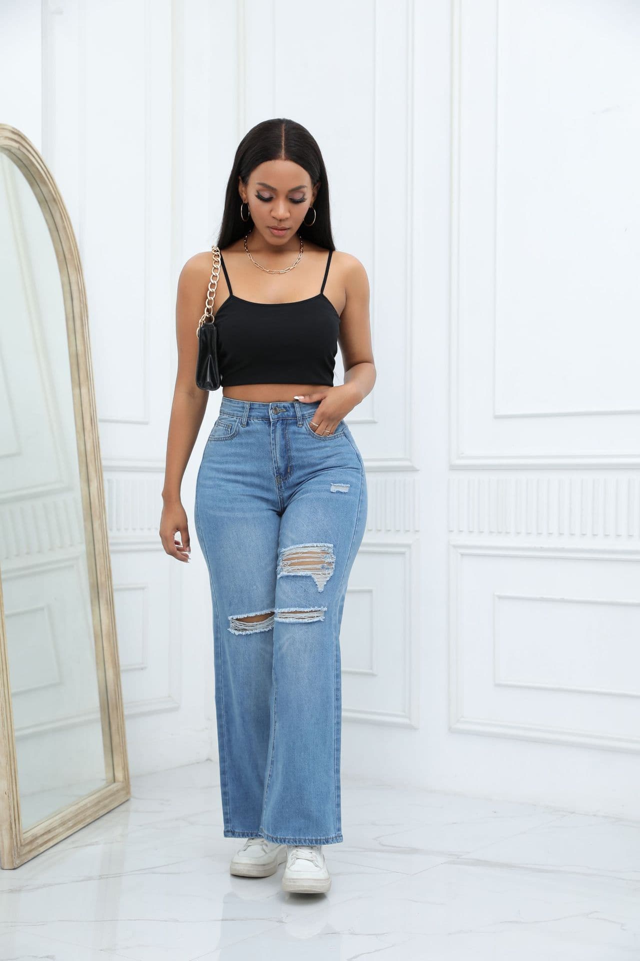 Women's Clothing High Quality Temperament Ripped Wide Leg Pants Jeans