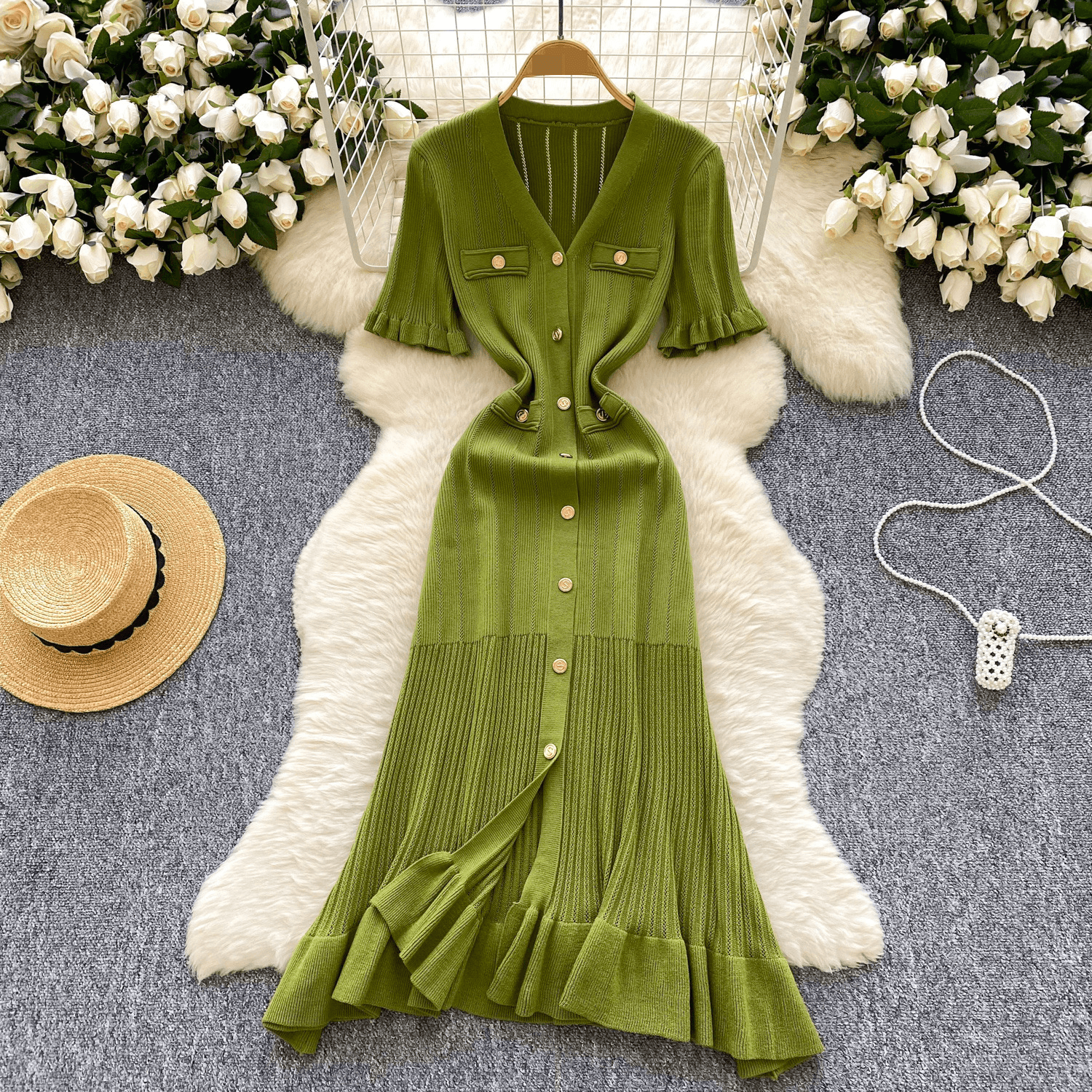 French-Inspired Elegant Knit Dress – V-Neck Long Sleeve Flounce Hem Dress (4 Colors, One-Size, Wrinkle-Resistant)