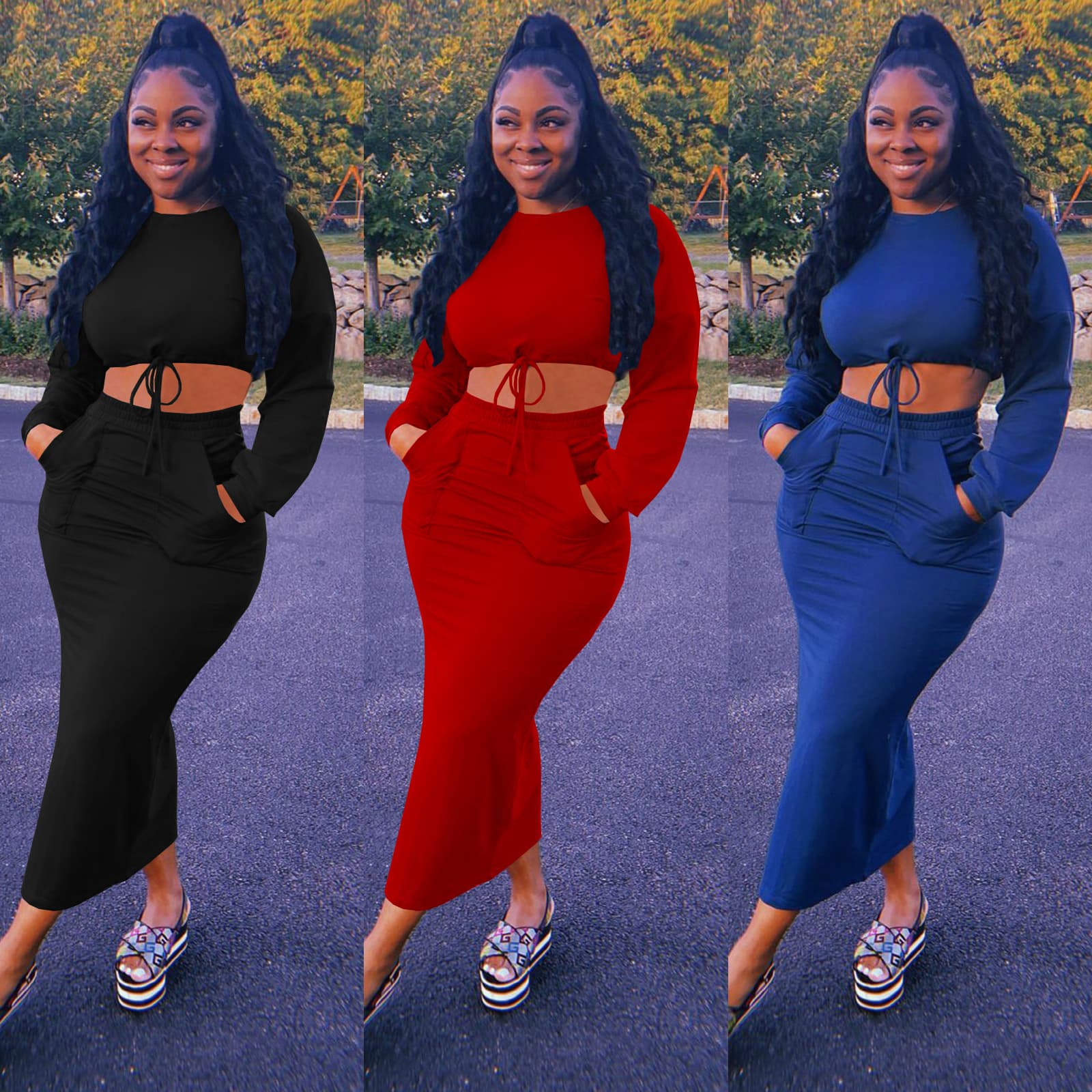 women's clothing supply fashion casual autumn and winter new solid color long skirt two-piece set