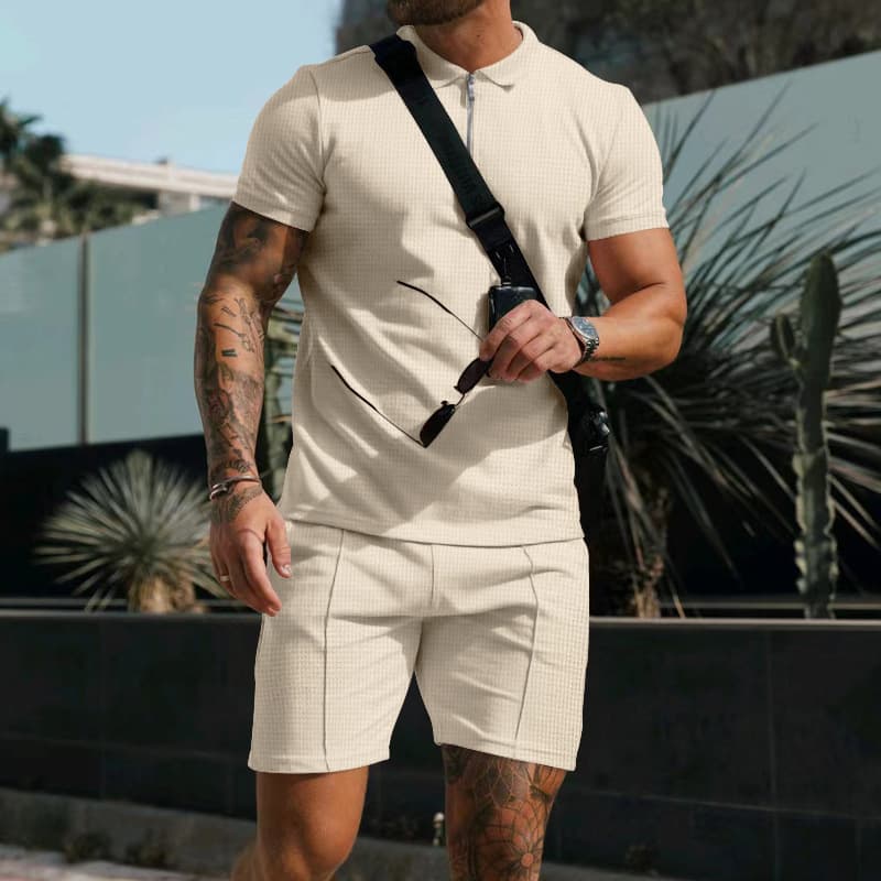 European and American men's short sleeve shorts set summer waffle solid color casual loose zipper lapel two-piece set