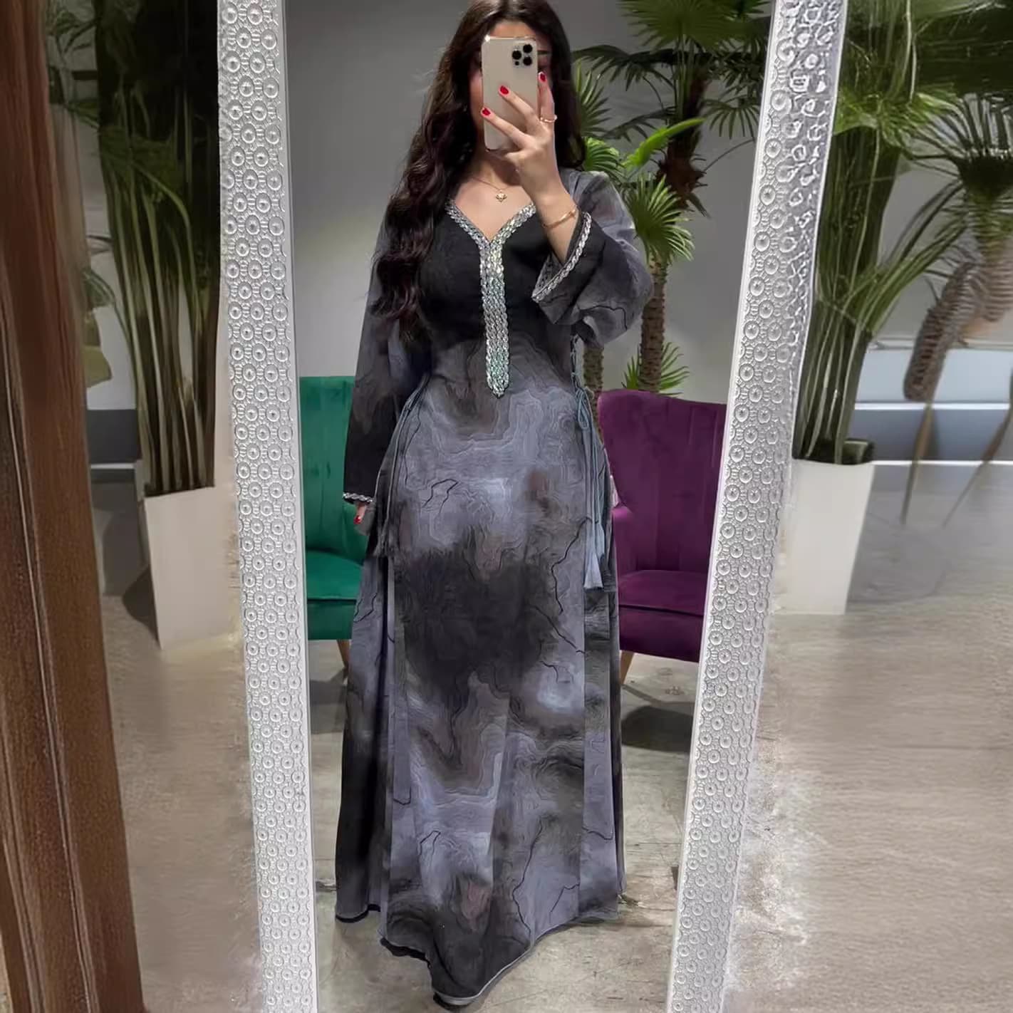 Women's Clothing Fashion Print Slim V Neck Elegant Long High Waist Dress