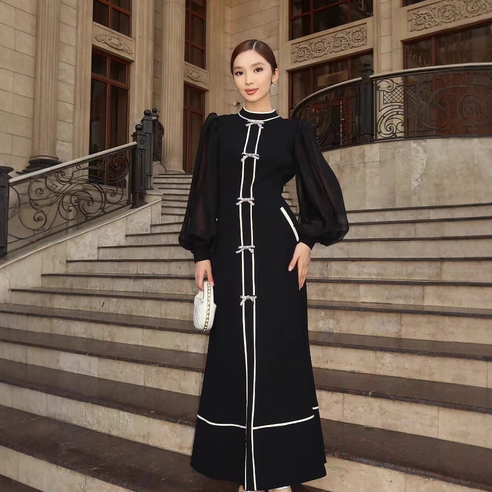 Women’s Clothing New Bow Decoration Contrast Design Temperament Long Dress