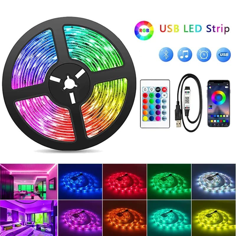 Bande lumineuse LED RVB 5050 avec télécommande Bluetooth 24 touches, rétroéclairage autocollant alimenté par USB pour TV, jeux et décoration intérieure.