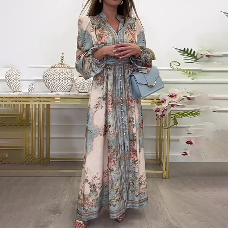 Women's Clothing New Temperament V Neck Long Sleeved Printed Retro Palace Style Swing Spring Dress