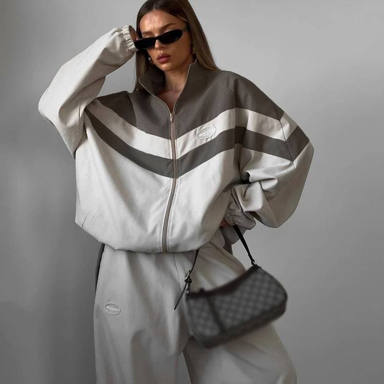 Women's Casual Two-Piece Set Stylish Loose-Fit Color Block Zip-Up Hoodie & Pants Outfit