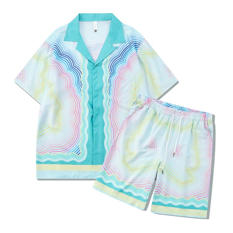 Men's clothing high street floral shirt suit striped positioning street shirt casual cardigan shorts matching men