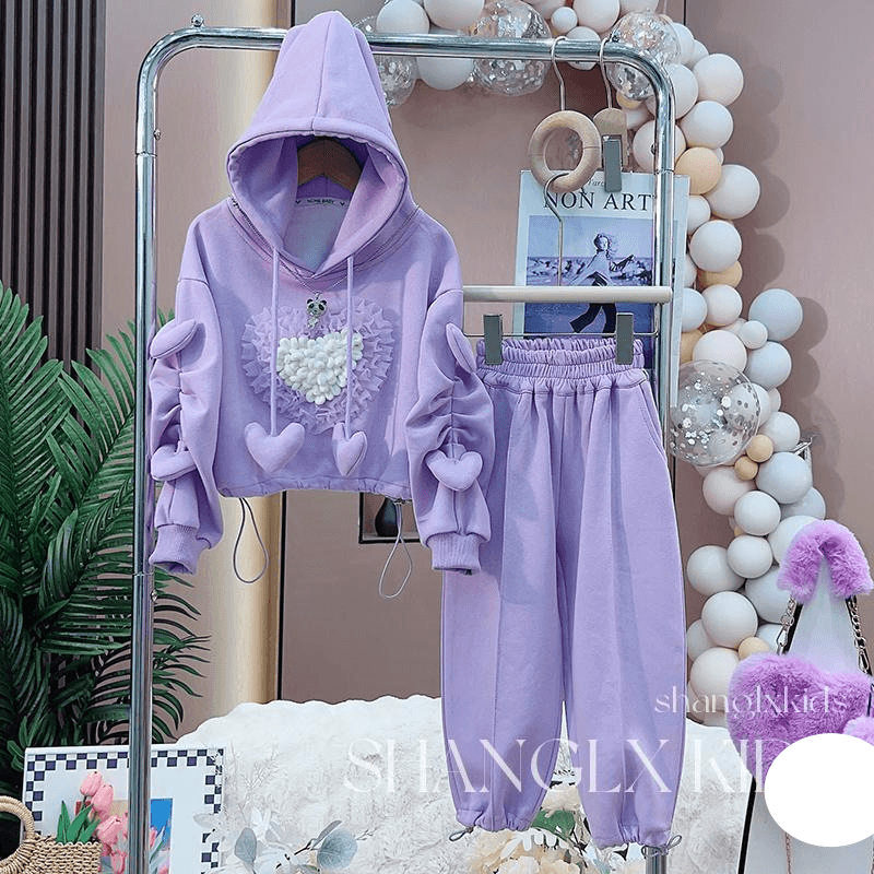 Kid's Clothing Girls suit 2024 spring and autumn new Korean style hooded heart cardigan sweater casual trousers two piece suit trendy