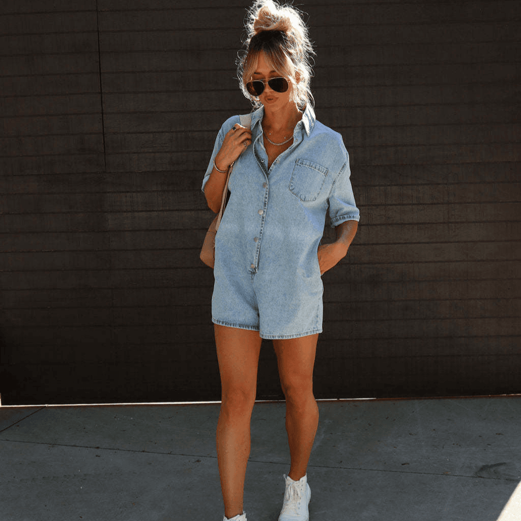 Women's Clothing Street Lapel Short Sleeved Shorts Denim Jumpsuit