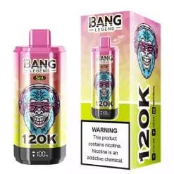 Lot de 2 cigarettes électroniques jetables Bang Legend 120 000 bouffées avec écran, saveurs fruitées et glacées.