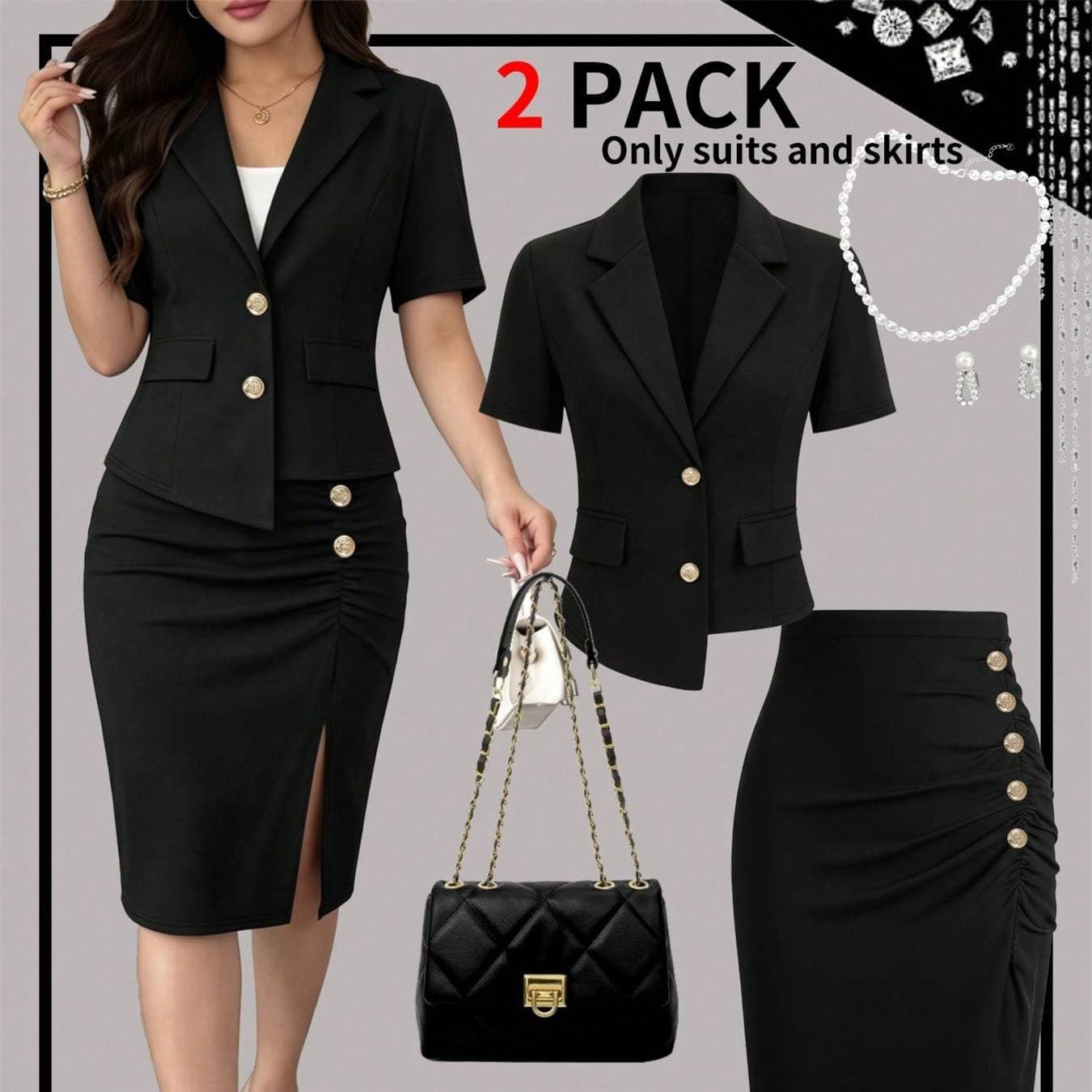 Sophisticated Office-To-Evening Blazer And Slit Skirt Set, 3/4 Sleeve Womens Suit For Spring Summer Commute