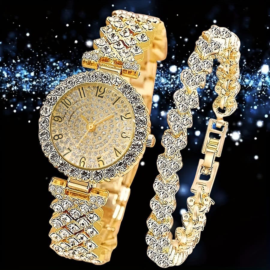 Montres pour femmes Ensemble de montres de luxe exquis pour dames Montres de mode entièrement en diamant + bracelet deux pièces